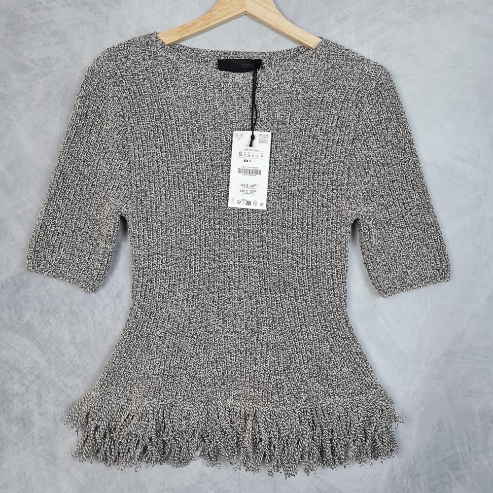 Zara Sweater Womens Small Gray Short Sleeve Fringe Hem Peplum Knit Pullover